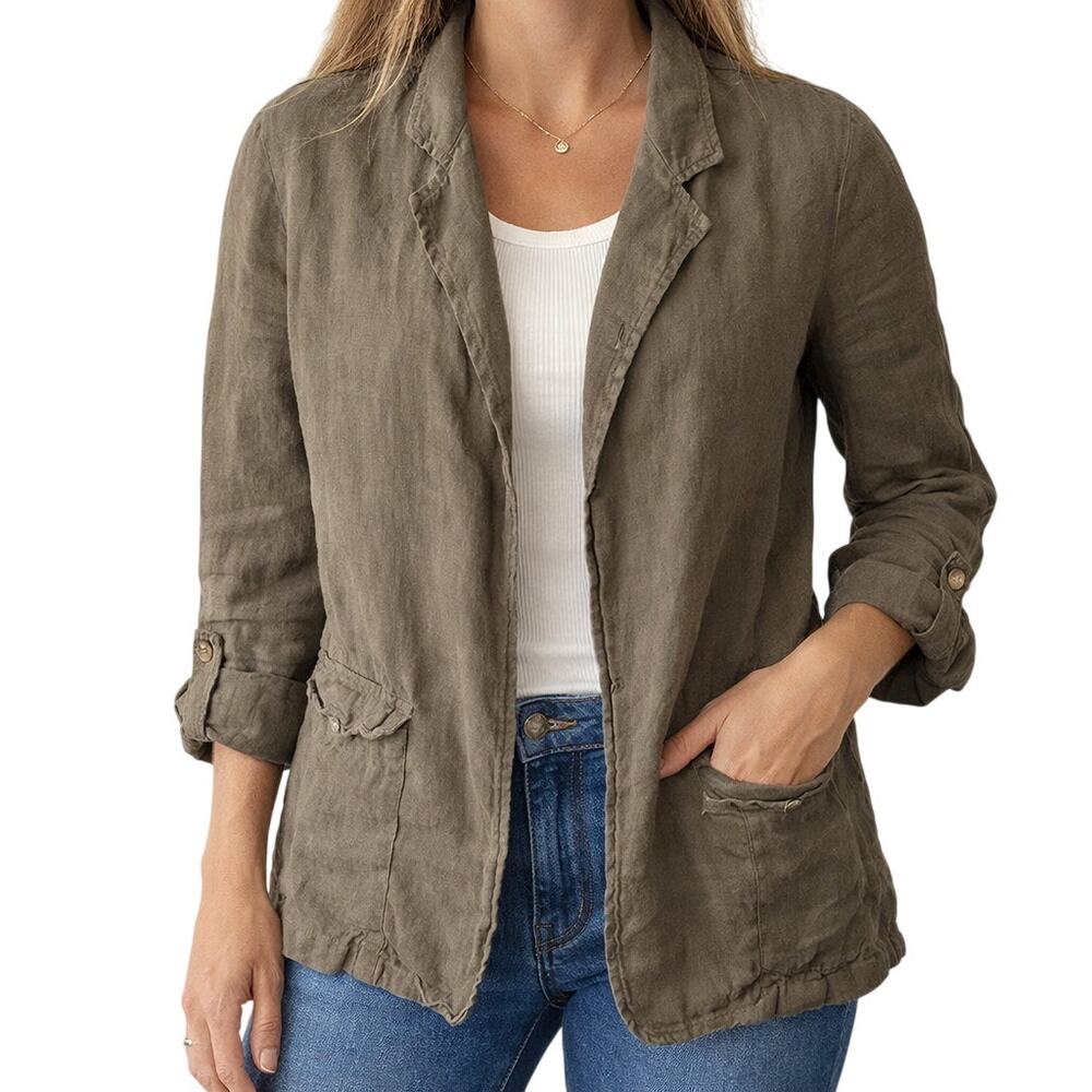 Caslon Women's Small Linen Cardigan Jacket Olive Green Roll Tab Sleeve